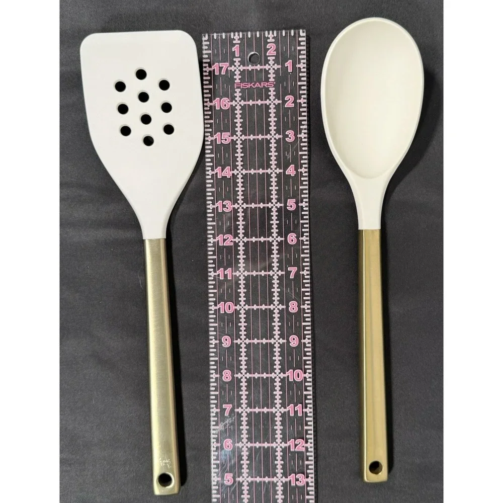 Figmint Kitchen Utensil Set 2pc Cream Gold Silicone Slotted Turner Solid Spoon
